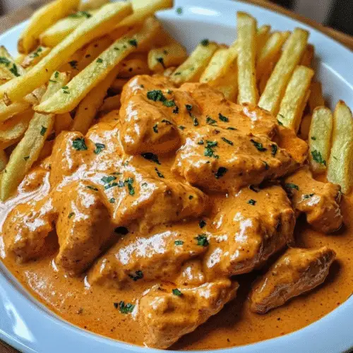 Cremiges Butter Chicken mit Knoblauchpommes