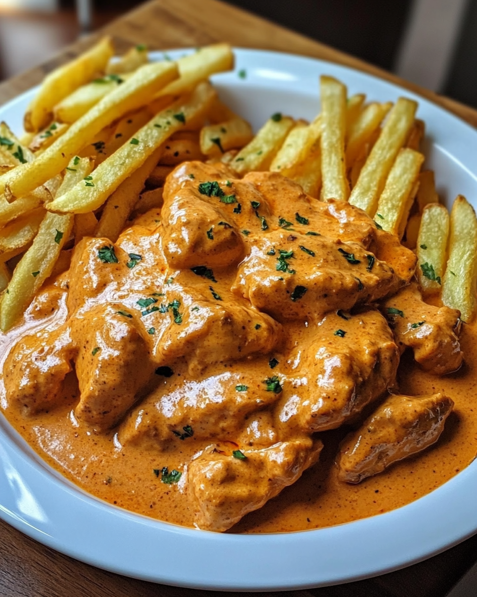 Cremiges Butter Chicken mit Knoblauchpommes