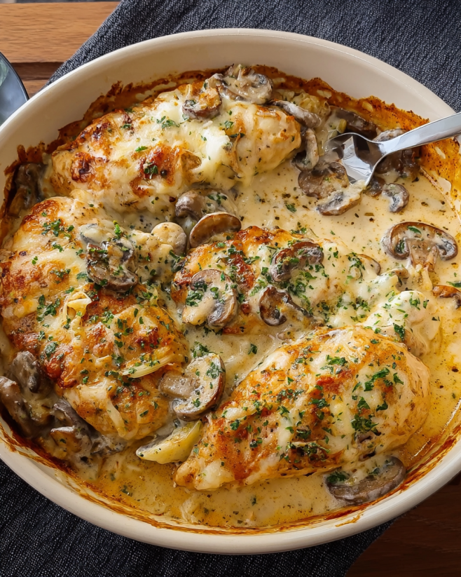 Cremiges Champignon-Hähnchen aus dem Ofen