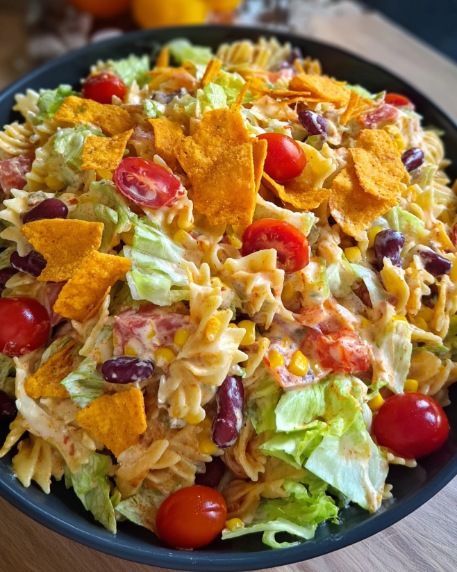 Bunter Taco-Nudelsalat mit Crunch