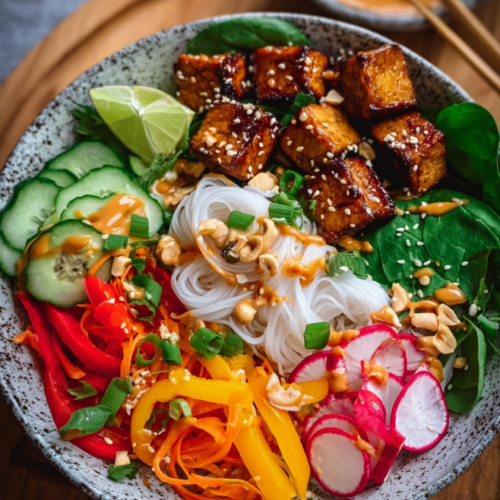 Bunte Reisnudel-Bowl mit Tempeh