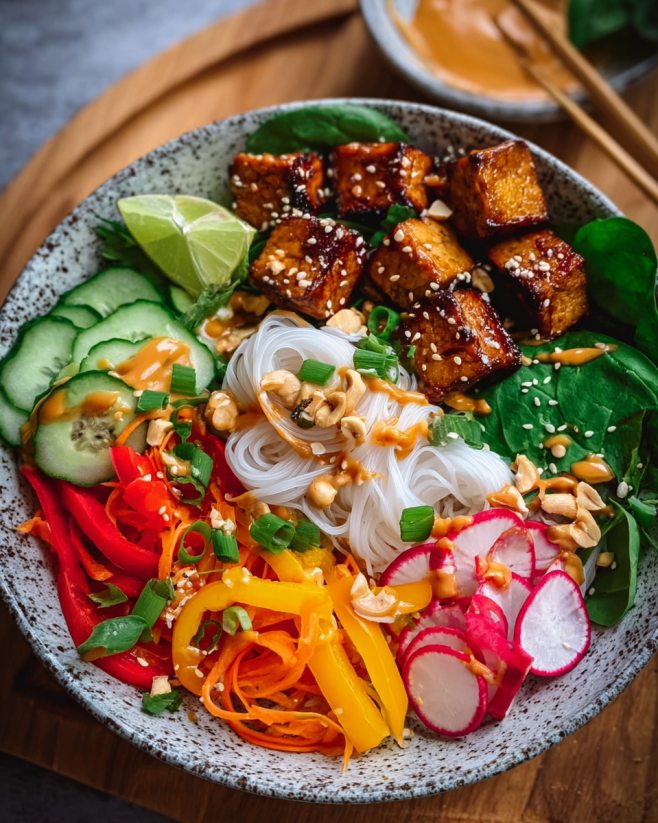 Bunte Reisnudel-Bowl mit Tempeh
