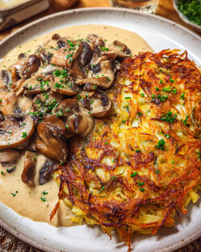 Knusprige Mozzarella-Rösti mit Pilzrahm