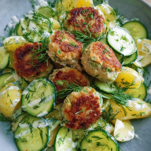 Knusprige Fischfrikadellen mit Salat