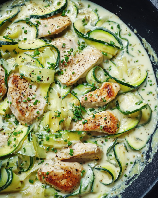 Cremige Zucchini-Hähnchen-Pfanne mit Parmesan-Frischkäse-Soße. Schnell, proteinreich & Low Carb – perfekt für ein gesundes Abendessen in nur 25 Minuten