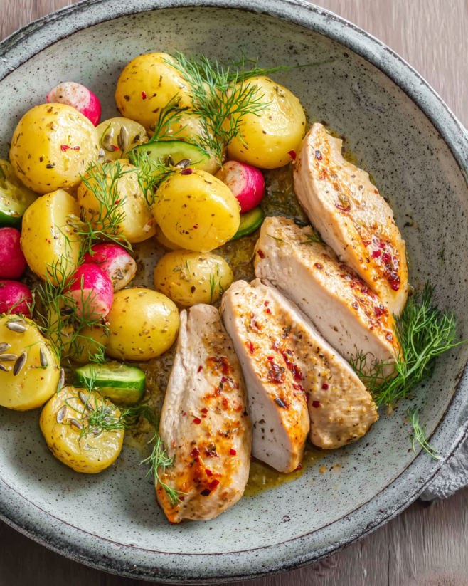 Saftiges Hähnchen mit Dillkartoffeln