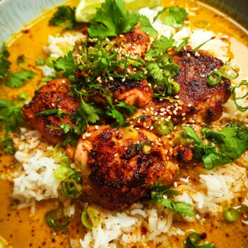Knoblauch Hähnchen Curry Reis