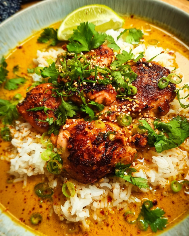 Knoblauch Hähnchen Curry Reis