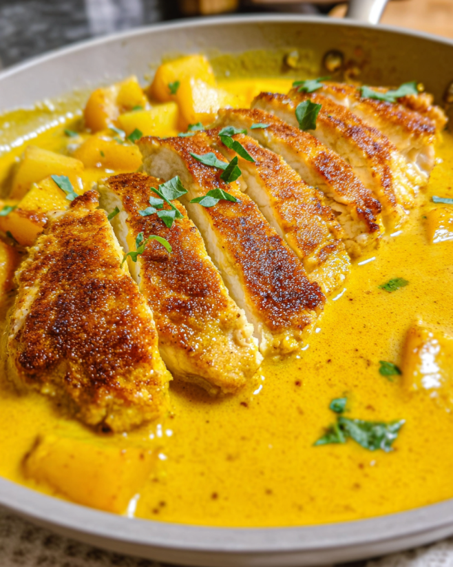 Cremige Curry-Hähnchenbrust Pfanne