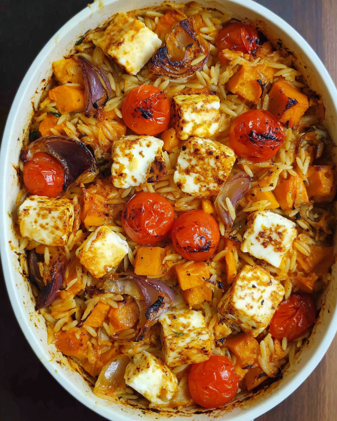 Herbstlicher Halloumi Orzo Auflauf