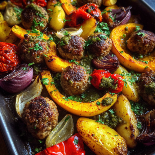 Ofengemüse mit würzigen Hackbällchen