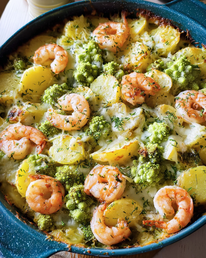 Kartoffel-Romanesco-Gratin mit Garnelen