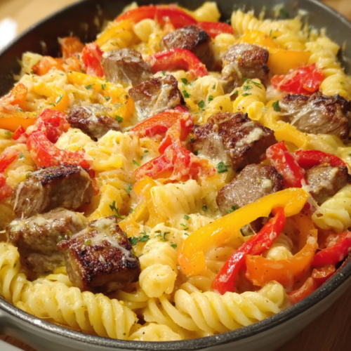 Nudel-Paprika-Steak-Gratin