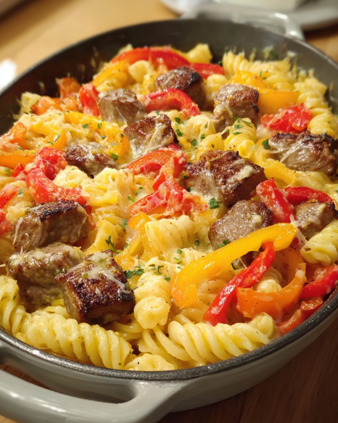 Nudel-Paprika-Steak-Gratin