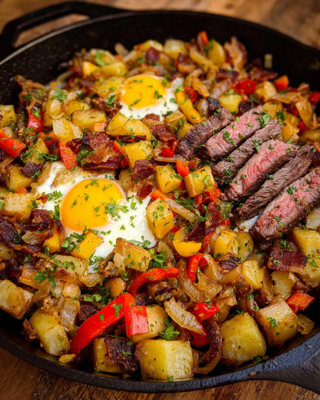 Rustikale Bauernpfanne mit Steak – Deftig, herzhaft & voller Geschmack Wenn du auf der Suche nach einem richtig bodenständigen Wohlfühlgericht bist, das satt macht, nach Zuhause schmeckt und dabei noch einfach zuzubereiten ist – dann ist diese Rustikale Bauernpfanne mit Steak genau das Richtige. Zarte Steakstreifen, knuspriger Bacon, goldbraune Kartoffeln und Spiegeleier in einer aromatischen Paprika-Zwiebel-Pfanne – das ist ehrliche Küche, wie sie sein sollte. Ein Rezept, das Erinnerungen an deftige Sonntage auf dem Land weckt – rustikal, sättigend und mit einem Hauch von Luxus durch das saftige Rindersteak. 🥔 Zutaten für 2 Portionen 1 kg kleine Kartoffeln (z. B. Drillinge) 3 Zwiebeln 10 Scheiben Bacon 250 g Rindersteak (z. B. Prime Rib oder Hüftsteak) 3 Paprika (nach Belieben bunt gemischt) 2 Knoblauchzehen 3 Eier Salz und Pfeffer nach Geschmack Frische Petersilie zum Bestreuen ⏱️ Zubereitungszeit Schritt Zeit Vorbereitung 10 Minuten Kochzeit 25 Minuten Gesamtzeit 35 Minuten 👩‍🍳 Anleitung Schritt für Schritt 1. Vorbereitung Kartoffeln gründlich waschen und in gleichmäßige Würfel schneiden – die Schale darf gerne dranbleiben, denn sie sorgt für zusätzlichen Geschmack und eine rustikale Textur. Paprika in Würfel schneiden, Zwiebeln halbieren und in feine Halbringe schneiden. Knoblauch fein hacken und den Bacon in kleine Stücke schneiden. 💡 Tipp: Das Steak etwa 1–2 Stunden vor dem Braten aus dem Kühlschrank nehmen, damit es Raumtemperatur bekommt – so gart es gleichmäßiger und bleibt saftig. 2. Bacon und Kartoffeln anbraten Eine große gusseiserne oder beschichtete Pfanne auf mittelhoher Hitze erhitzen. Den Bacon in die kalte Pfanne geben und knusprig ausbraten. Das austretende Fett ist perfekt, um die Kartoffeln darin goldbraun zu braten – ganz ohne zusätzliches Öl. Wenn der Bacon schön knusprig ist, kurz herausnehmen und beiseitestellen. Dann die Kartoffelwürfel direkt im Baconfett anbraten. Sie sollen außen goldbraun und innen weich werden – das dauert etwa 10–12 Minuten. 3. Gemüse hinzufügen Sobald die Kartoffeln Farbe bekommen haben, Zwiebeln, Paprika und Knoblauch dazugeben. Alles gut vermengen und bei mittlerer Hitze weitere 10 Minuten braten, bis das Gemüse weich und leicht karamellisiert ist. Das sorgt für den unverwechselbaren, süßlich-herzhaften Geschmack, der diese Bauernpfanne so besonders macht. 💚 Tipp: Für einen rauchigen Geschmack kannst du eine Paprika durch eine rote Spitzpaprika ersetzen – sie bringt eine feine Süße, die perfekt zum Bacon passt. 4. Steak zubereiten In einer separaten Pfanne (oder auf dem Grill!) das Steak scharf anbraten – etwa 2 Minuten pro Seite für eine schöne Kruste. Danach bei niedriger Hitze oder im Ofen kurz ruhen lassen, bis die gewünschte Garstufe erreicht ist. 💡 Garzeiten-Tipp: Medium rare: 52–54 °C Kerntemperatur Medium: 56–58 °C Well done: 60 °C und mehr Anschließend das Steak in feine Streifen schneiden und kurz beiseitestellen. 5. Eier garen In der Kartoffel-Gemüse-Mischung kleine Mulden formen und die Eier hineinschlagen. Deckel auf die Pfanne legen und 3–5 Minuten stocken lassen – je nachdem, wie weich das Eigelb sein soll. Das Eiweiß sollte vollständig fest sein, während das Eigelb noch cremig bleibt – so schmeckt’s am besten! 🍳 6. Anrichten & Servieren Die Steakstreifen auf der Pfanne anrichten, mit gehackter Petersilie bestreuen und mit Salz und Pfeffer abschmecken. Heiß servieren – am besten direkt aus der Pfanne für das volle, rustikale Erlebnis! 🧀 Serviervorschläge Diese deftige Bauernpfanne schmeckt pur fantastisch – du brauchst eigentlich keine Beilage. Aber falls du das Gericht abrunden möchtest, probiere: Ein frischer Krautsalat mit Essig-Öl-Dressing Knoblauchbrot oder Bauernbrot zum Dippen Ein kühles, dunkles Bier oder ein Glas Rotwein ❤️ Warum du dieses Gericht lieben wirst ✅ Rustikal & deftig: Ein echter Klassiker der Hausmannskost. ✅ Sättigend & aromatisch: Mit Steak, Bacon, Kartoffeln und Spiegelei. ✅ Einfach & schnell: In nur 35 Minuten fertig. ✅ Perfekt für zwei Personen: Ideal als Feierabendessen oder Wochenend-Soulfood. ✅ Variabel: Funktioniert auch mit Hähnchen, Bratwurst oder Tofu als Alternative. 🌿 Variationen & Tipps Vegetarisch: Ersetze Bacon und Steak durch Räuchertofu oder Veggie-Bacon. Low-Carb-Variante: Tausche Kartoffeln gegen Blumenkohl oder Zucchiniwürfel. Käseliebhaber: Füge kurz vor dem Servieren etwas geriebenen Cheddar oder Bergkäse hinzu – er schmilzt wunderbar über dem Gemüse. Extra würzig: Ein Spritzer Worcestersauce oder etwas Senf gibt Tiefe. 🔥 Meal-Prep & Aufbewahrung Die Bauernpfanne lässt sich super vorbereiten! Du kannst die Kartoffel-Gemüse-Mischung am Vortag anbraten und im Kühlschrank aufbewahren. Vor dem Servieren einfach kurz aufwärmen, Steak frisch zubereiten und Eier hineinschlagen – fertig ist dein 10-Minuten-Feierabendgericht. 🧮 Nährwerte (pro Portion, ca.) Nährwert Menge Kalorien 650 kcal Eiweiß 48 g Kohlenhydrate 30 g Fett 35 g 🏡 Fazit Diese Rustikale Bauernpfanne mit Steak ist ein Gericht, das Herz und Bauch gleichermaßen wärmt. Sie verbindet bodenständige Hausmannskost mit einem Hauch Luxus durch das saftige Steak. Egal ob als deftiges Abendessen nach einem langen Tag oder als Wochenendbrunch – sie schmeckt immer! Schnell gemacht, voller Geschmack und so richtig ehrlich und herzhaft – genau das Richtige für alle, die echtes Essen lieben. ❤️ 🔗 Ähnliche Rezepte Wenn du diese Bauernpfanne magst, wirst du auch diese herzhaften Gerichte lieben: 👉 Herzhaftes Gemüse-Tatar-Pfannengericht 👉 Deftiger Leberkäse-Kartoffelauflauf mit Ei