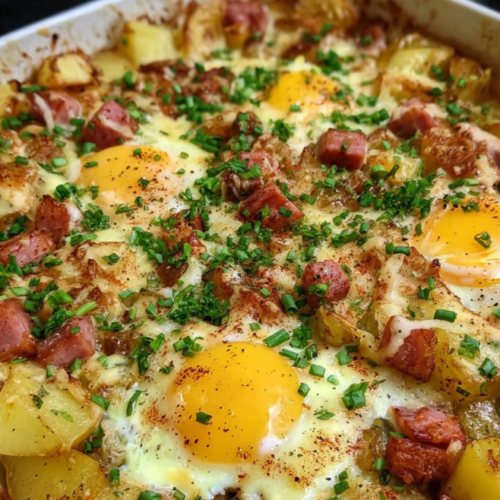 Deftiger Leberkäse-Kartoffelauflauf mit Ei
