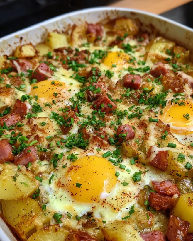Deftiger Leberkäse-Kartoffelauflauf mit Ei