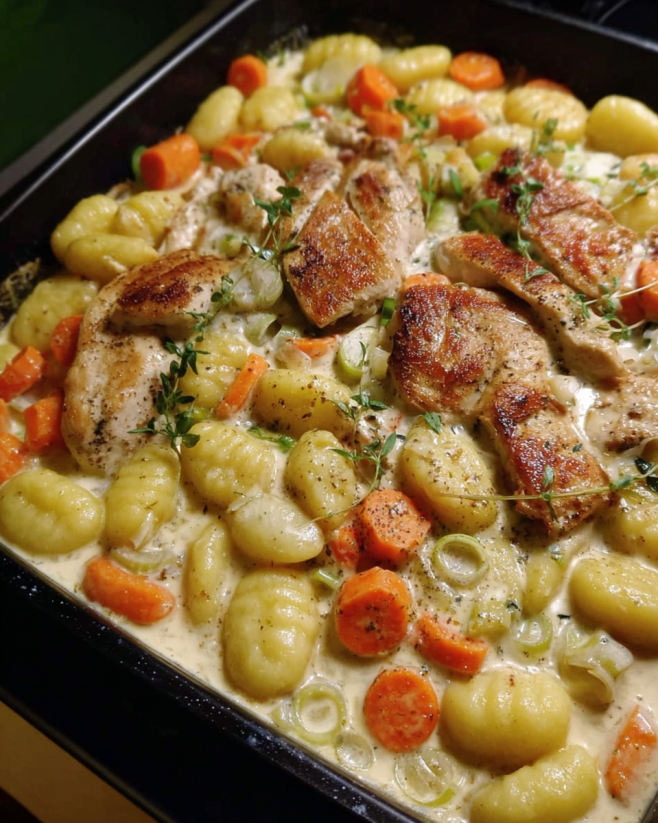 Cremiger Hähnchen-Gnocchi-Auflauf