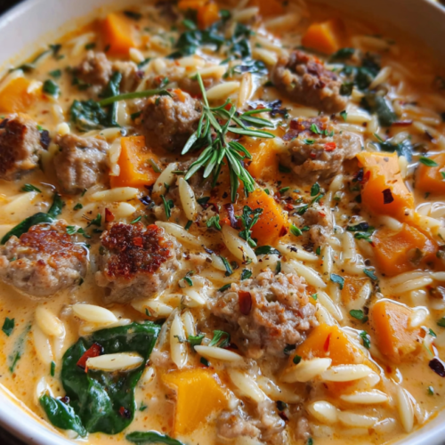Cremige Kürbis-Wurst-Suppe mit Orzo