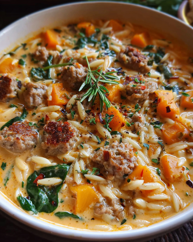 Cremige Kürbis-Wurst-Suppe mit Orzo