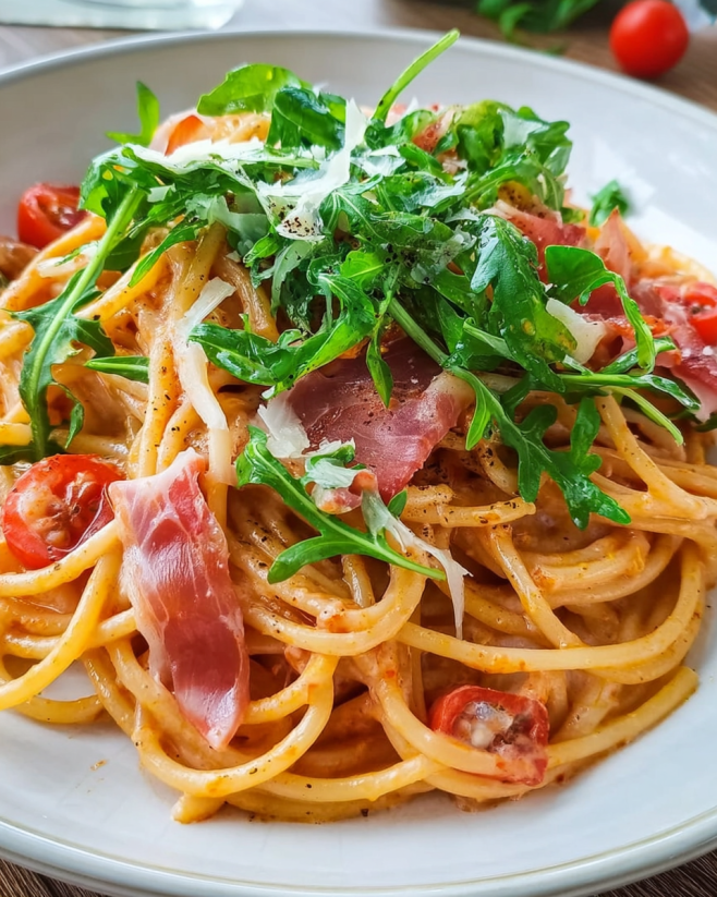 Cremige Spaghetti mit Rucola und Schinken