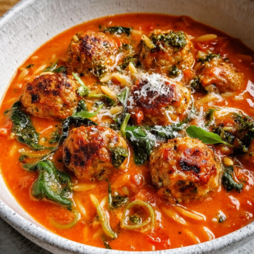 Cremige Tomaten-Orzo-Suppe mit Hähnchenbällchen