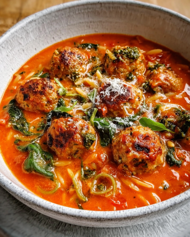 Cremige Tomaten-Orzo-Suppe mit Hähnchenbällchen