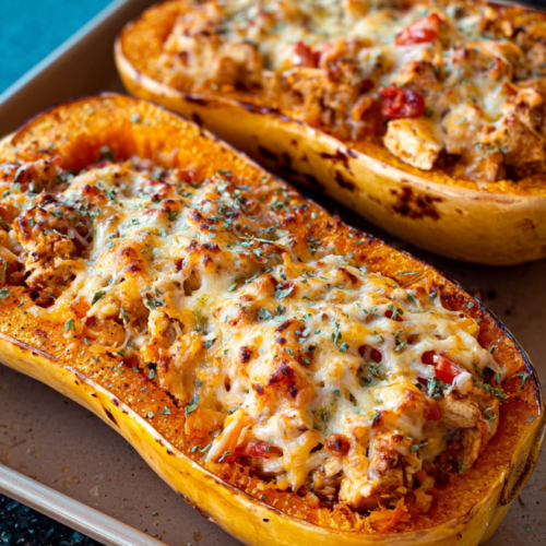 Gefüllte Butternut-Kürbis-Hälften mit Hähnchen