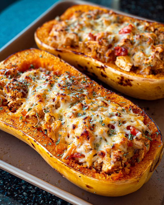 Gefüllte Butternut-Kürbis-Hälften mit Hähnchen
