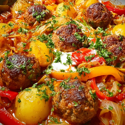 Deftiger Kraut-Kartoffel-Topf mit Frikadellen