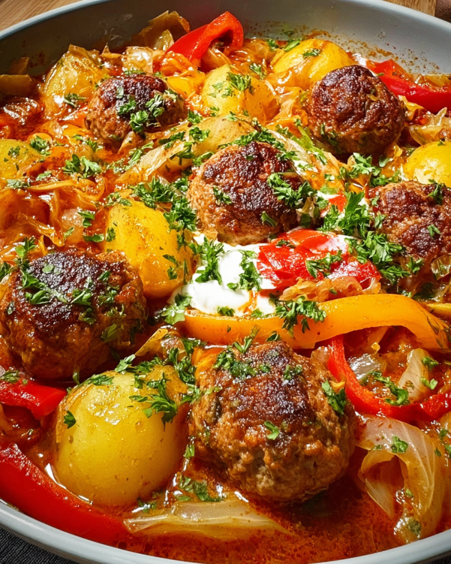 Deftiger Kraut-Kartoffel-Topf mit Frikadellen