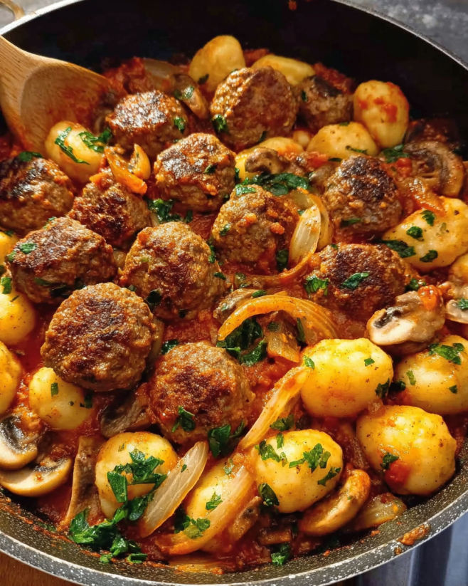 Herzhafte Hackbällchen-Gnocchi-Pfanne mit Pilzen