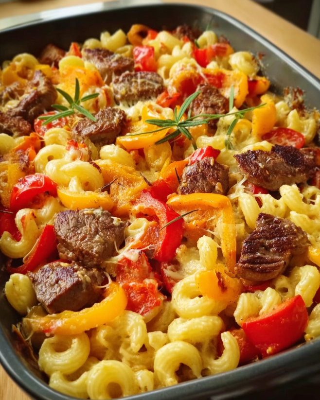 Herzhafter Steak-Nudelauflauf mit Paprika