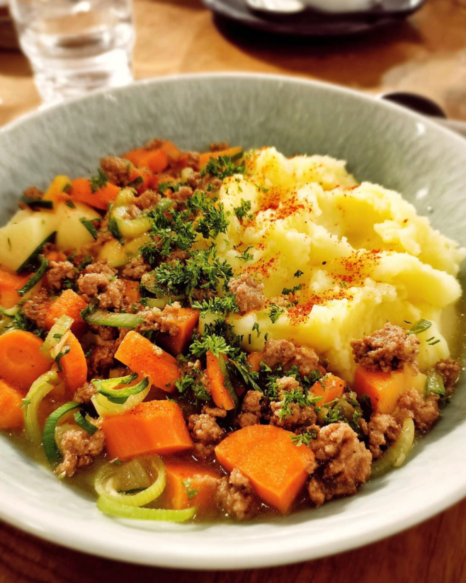 Herzhaftes Kartoffel-Karotten-Stampf mit Tatar