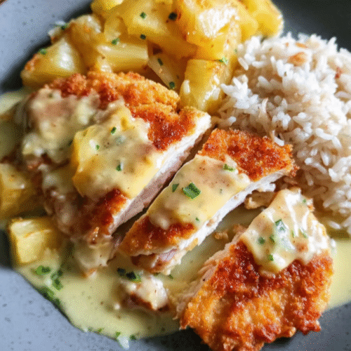 Überbackenes Hähnchenschnitzel Hawaii