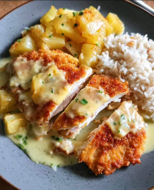 Überbackenes Hähnchenschnitzel Hawaii