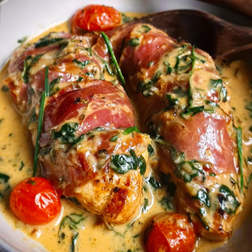 Zarte Hähnchenbrust im Schinkenmantel