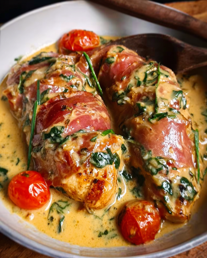 Zarte Hähnchenbrust im Schinkenmantel