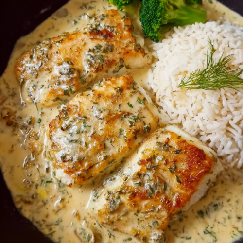 Zarter Kabeljau in cremiger Senfsoße