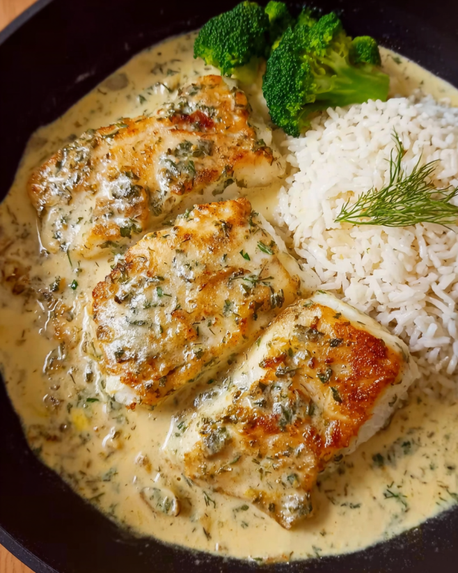 Zarter Kabeljau in cremiger Senfsoße