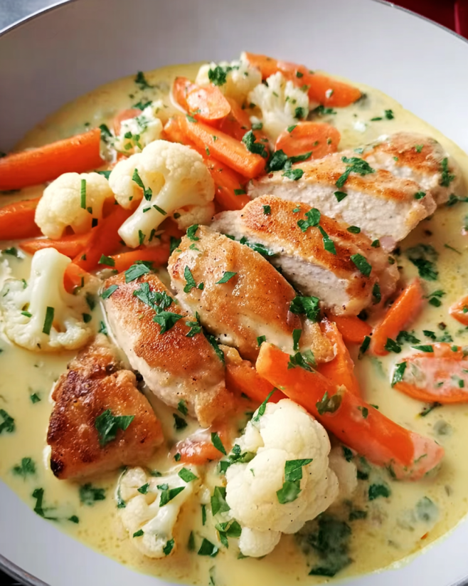 Cremiges Hähnchen Gemüse Pfanne